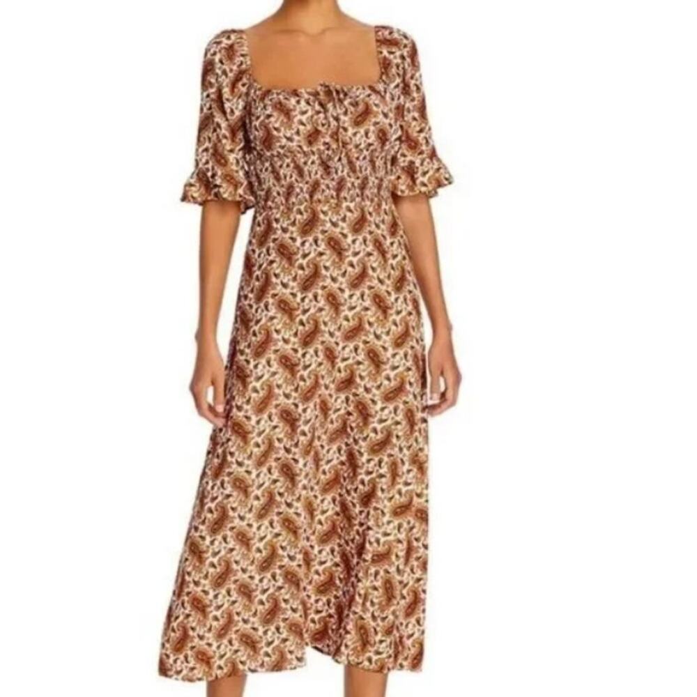 Faithfull the Brand Juniper Dress Womens Size 4 Brown Paisley Smocked Cottage
